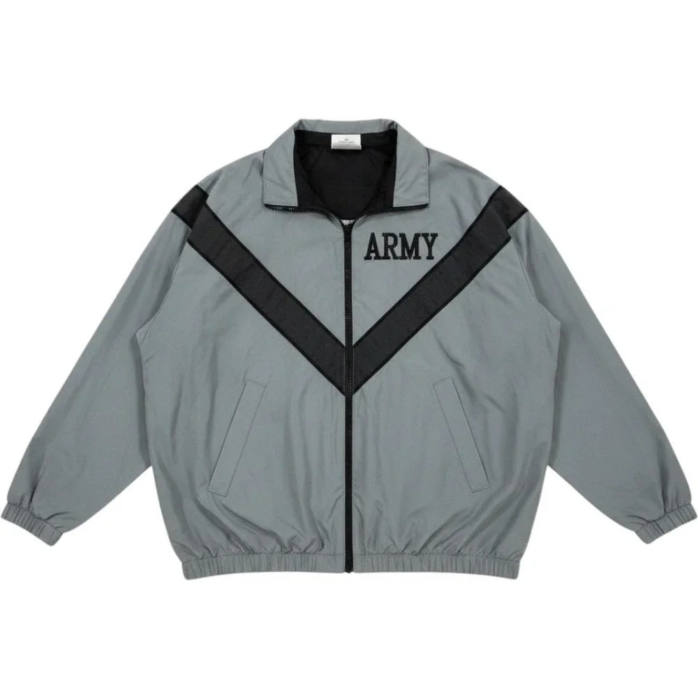 US Army IPFU PT Training Jacket Grey Black Nylon Windbreaker Large Long PFU‎